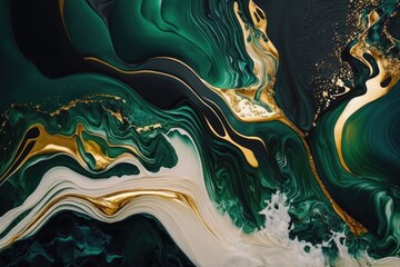 A green and blue abstract background with a gold swirl
