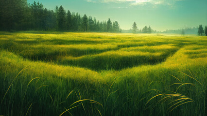 Obraz na płótnie Canvas Green field, tree and blue sky.Great as a background,web banner. Generative AI.