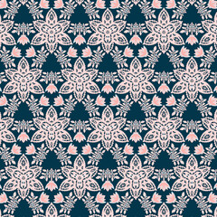 Fototapeta premium Delicate flowers and lacy vintage doilies on a dark blue background Fabric and pattern print