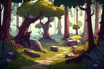 Cartoon style beautiful forest and flowers