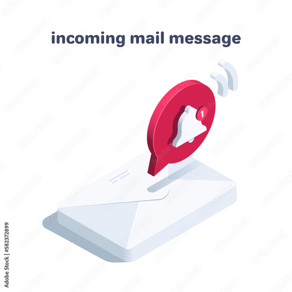Poster isometric vector illustration isolated on white background, mail envelope and red text bubble with b