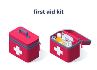 isometric vector illustration isolated on white background, open and closed first aid kit icon with medicines