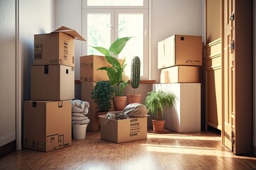 Moving to new apt: boxes, plants, floor. Photo generative AI