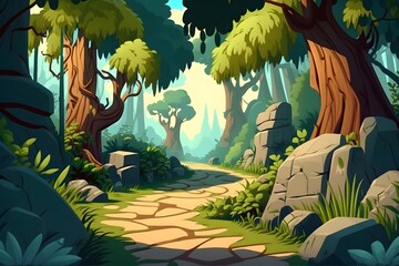 Cartoon style beautiful forest with rocks and flowers