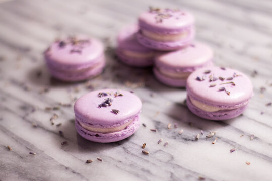 High angle view of macaroons on table