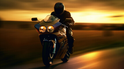 Riding motorbike at sunset, golden hour, Generative AI.