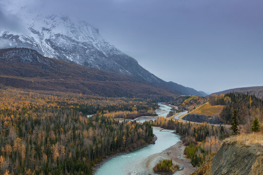 View looking down the valley from the Glenn Highway in Alaska