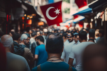 Crowd of people walk through the streets of a Turkish city with the national flag. Generative AI