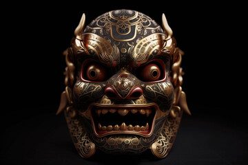 Traditional Japanese Mask on black background. Complex details with in gold and red colours. Digitally generated AI image.