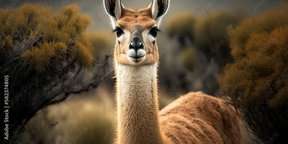 Poster close-up of a guanaco's front end as it walks through a forest. generative ai
