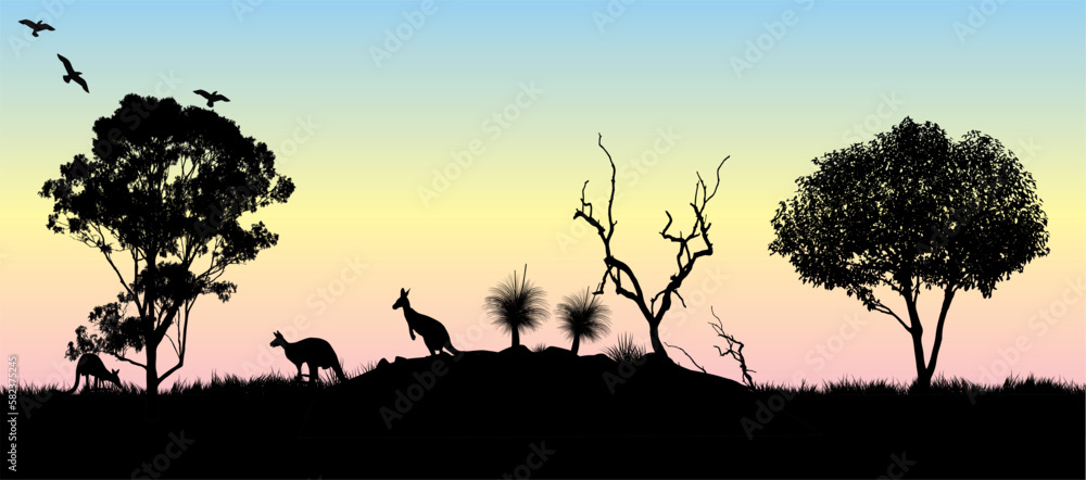 Poster silhouette of gum tree and kangaroos with yellow and pink sunset