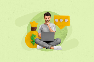 Creative 3d collage artwork sketch picture image of thoughtful man idea plan earn money increase...