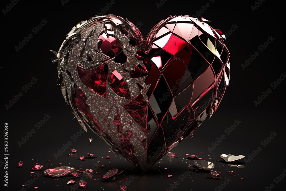 Poster ruby and diamond shattered heart on a black backdrop. generative ai