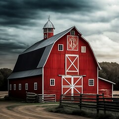Old red barn in a country side