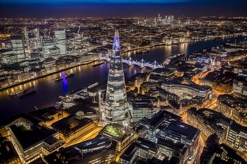 Obraz premium London's Striking Skyline at Night: Modern Landmarks and Historic Architecture Contrasting, Generative AI
