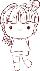 Cute girl holding flower doodle style cartoon character PNG