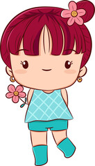 Cute girl holding pink flower hand drawn sketch style cartoon character PNG