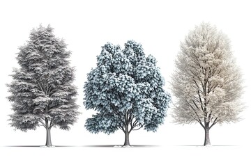Beautiful white deciduous and coniferous trees covered with snow isolated on a white background