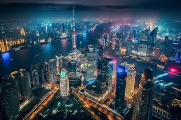 Fototapeta na wymiar Shanghai's Futuristic Skyline at Night: High-Rise Buildings and Dazzling Lights, Generative AI