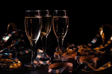 glasses of champagne with golden confetti. Generative AI	
