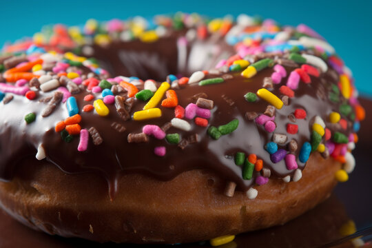Chocolate glazed donut with rainbow sprinkles