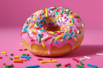 Pink glazed donut with rainbow sprinkles feature