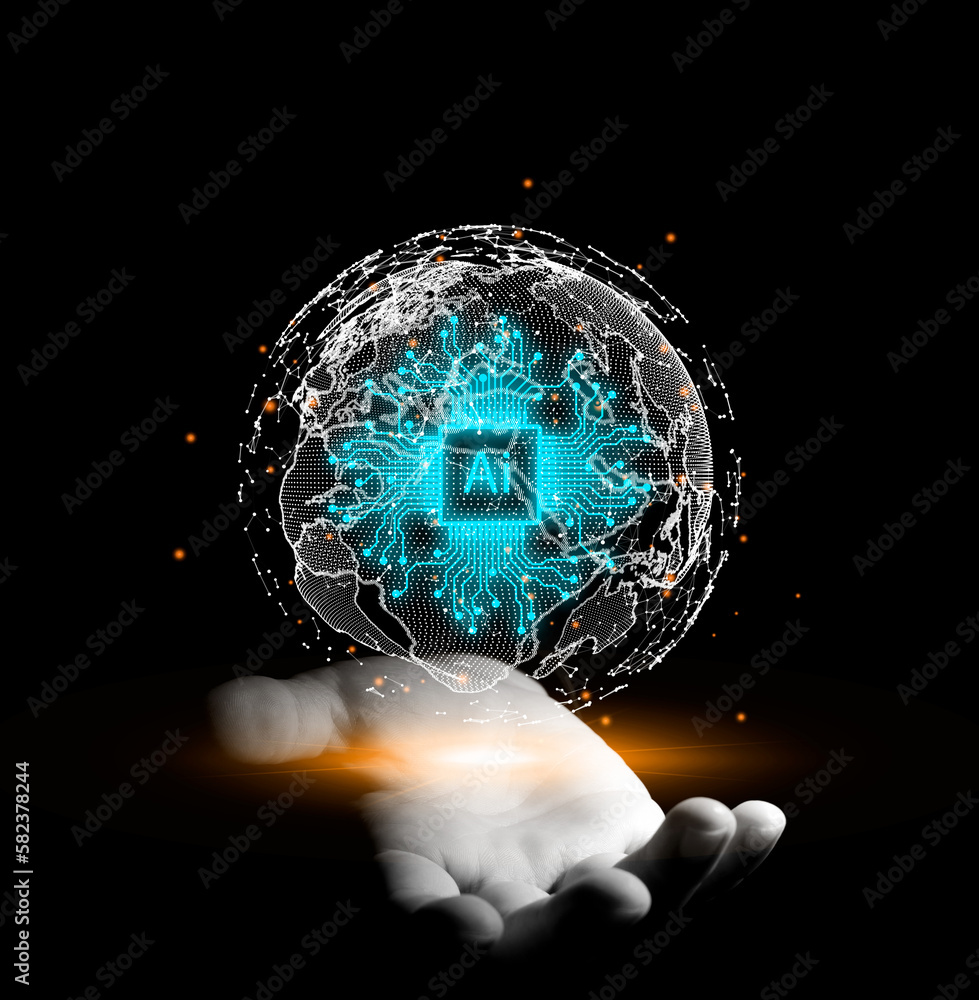 Poster businessman using artificial intelligence in hands on virtual screen. black background