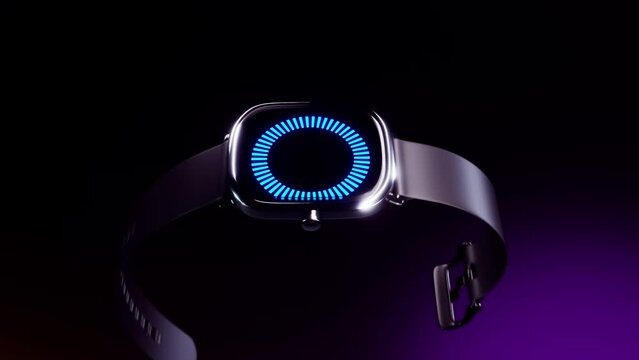 Rotating smart watch with a blue circle on the screen . High quality 4k looped animation