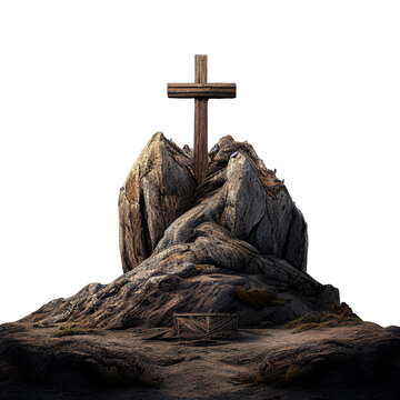 crucifix. wooden cross mounted on the hill of earth and stone. isolated on blank background PNG