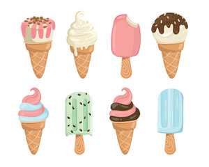 ice cream cones and stick collection. there are softserve , watermelon, mint, chocolate, strawberry. yummy for freshy summer. vector i llustration isolated  objects on white