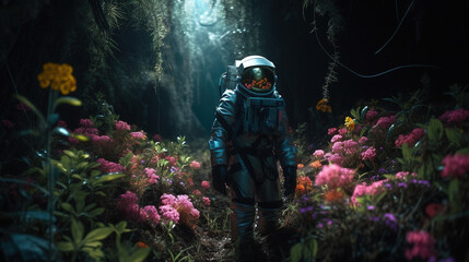 An astronaut standing in the jungle surrounded by flowers. Surreal psychedelic wallpaper. AI - obrazy, fototapety, plakaty