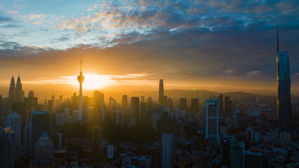 Aerial view of Kuala lumpur city scape overlooking at Petronas Twin tower KLCC during sunrise