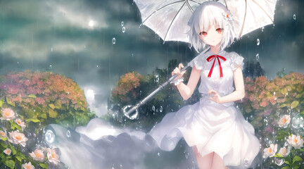 Sexy anime japanese light white dress under umbrella