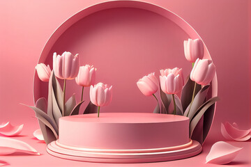 illustration of pink podium with flower tulips mother day concept. AI
