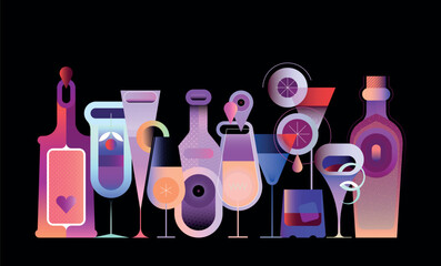 Collection of different bottles, cocktails and glasses of alcohol drinks. Flat design colour bottles and glasses is in a row on a dark background, vector illustration. 