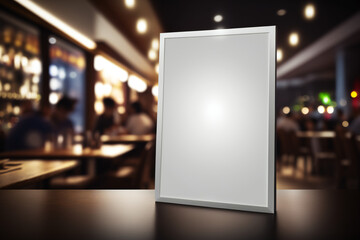 blank white empty digital sign poster mockup in restaurant, bar, pub, lounge for advertising, marketing