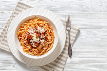 spaghetti al ragu alla Bolognese in white bowl