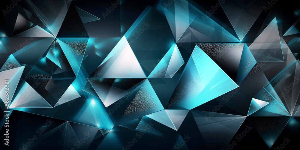 Poster grey and blue dark 3d glowing triangle shaped lit 3d pyramids, geometric shapes pattern, abstract fu