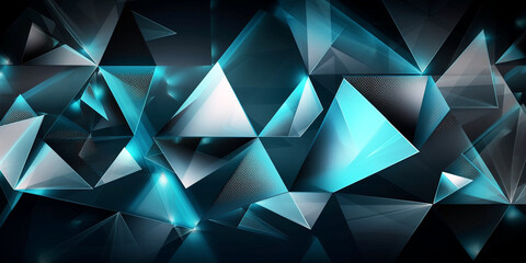 Obraz premium Grey and Blue Dark 3D Glowing Triangle Shaped Lit 3D Pyramids, Geometric Shapes Pattern, Abstract Futuristic Background, Texture Design - Made with Generative AI