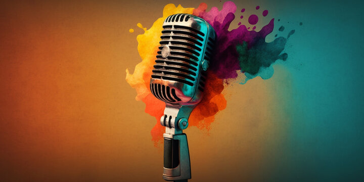 vintage style microphone on color splash background, idea for podcast and live talk concept background. Generated AI