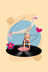 Collage 3d pinup pop retro sketch image of cool carefree little child dancing having fun isolated painting background