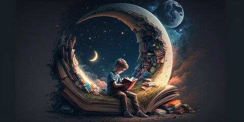 a boy lean on crescent moon while reading book. Generated AI