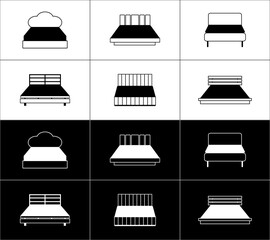 Set of six furniture icons. Beds. White on a black background and black on a white background.