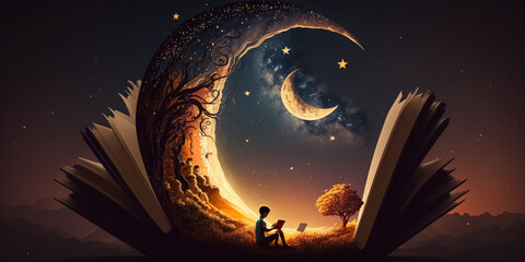 a boy lean on crescent moon while reading book. Generated AI
