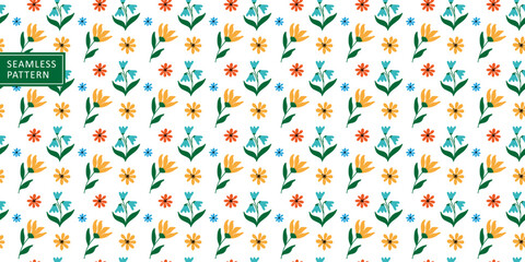 Fototapeta na wymiar Multicolored cheerful vector seamless pattern with cute flowers, leaves and branches on a white background for textiles, wrapping paper, covers and backgrounds