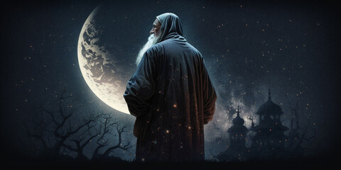 muslim old man praying on a starry and crescent moon moon night. Generated AI - obrazy, fototapety, plakaty