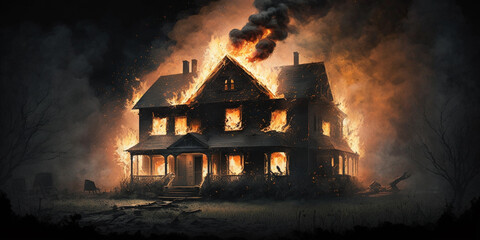 fire, big flames and black smoke inside the house, front view. Generated AI