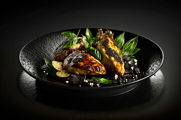 grilled chicken breast and served in a cast-iron skillet with vegetables and herbs. generative AI