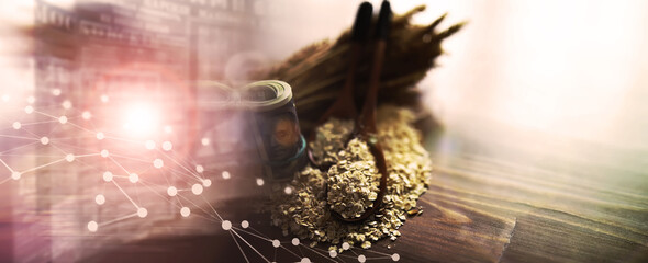 The concept of the cost of grain. 5000 ruble banknotes around a handful of ground grain. World...