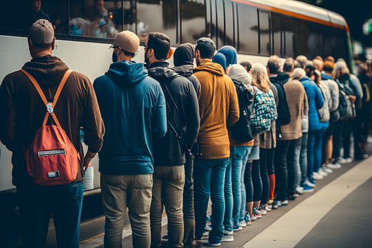 Crowd of people queuing to board the bus, bus stop in the city. Generative AI